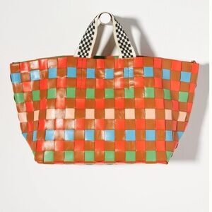 Clare V. Bateau tote in Natural/Blood Orange with Multi Oversized Woven Checker